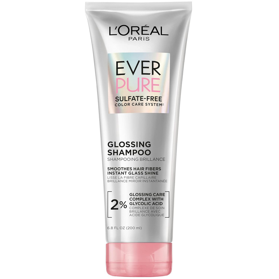 L'Oreal Paris Glossing Sulfate Free Shampoo With Glycolic Acid, Hair Care For Lasting Shine And Smoothness For Dull, Dry Hair, Everpure, 6.8 Fl Oz