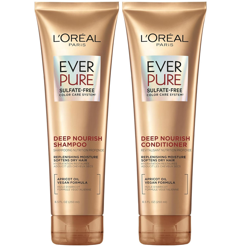 L'Oreal Paris Sulfate Free Shampoo And Conditioner For Dry Hair, Triple Action Hydration For Dry, Brittle Or Color Treated Hair, Apricot Oil Infused Hair Care, Everpure, 8.5 Fl Oz, Set Of 2