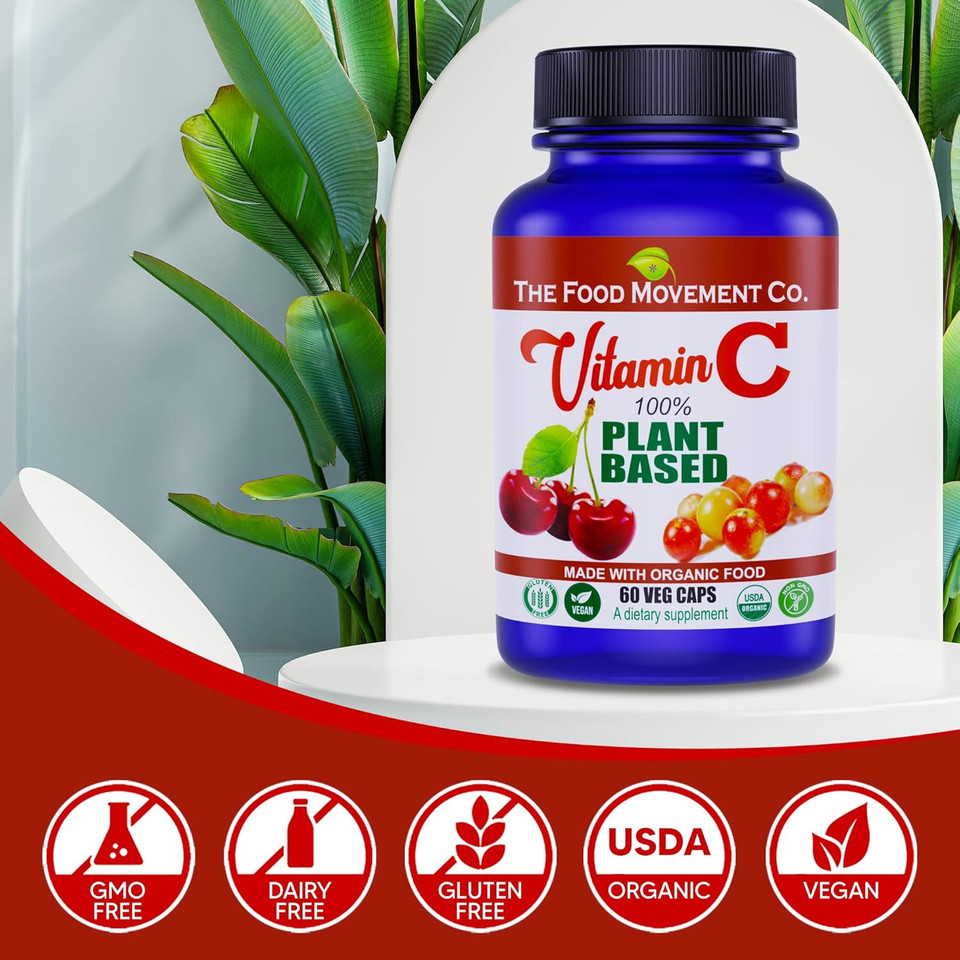 100% Plant-Based Vitamin C 60 Capsules 125Mg - Adults Immune System Antioxidant Support Dietary Supplement - Whole Food Vegan Supplements From Organic Non-Gmo Gluten-Free Fruits