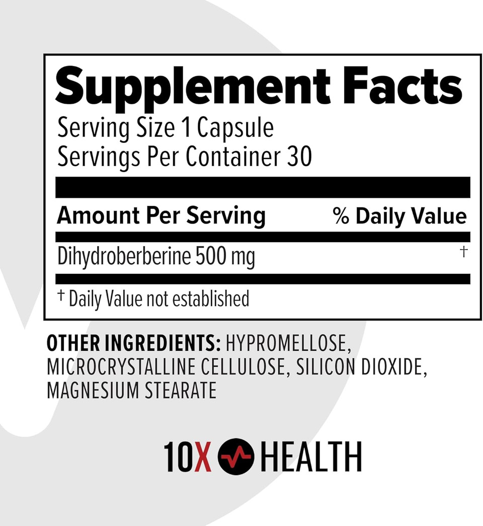10X Health Berberine Supplement 500Mg - Contains Dihydroberberine Supplement For Better Absorption - Supports Cardiovascular & Gut Health Supplements For Women & Men - 30 Capsules