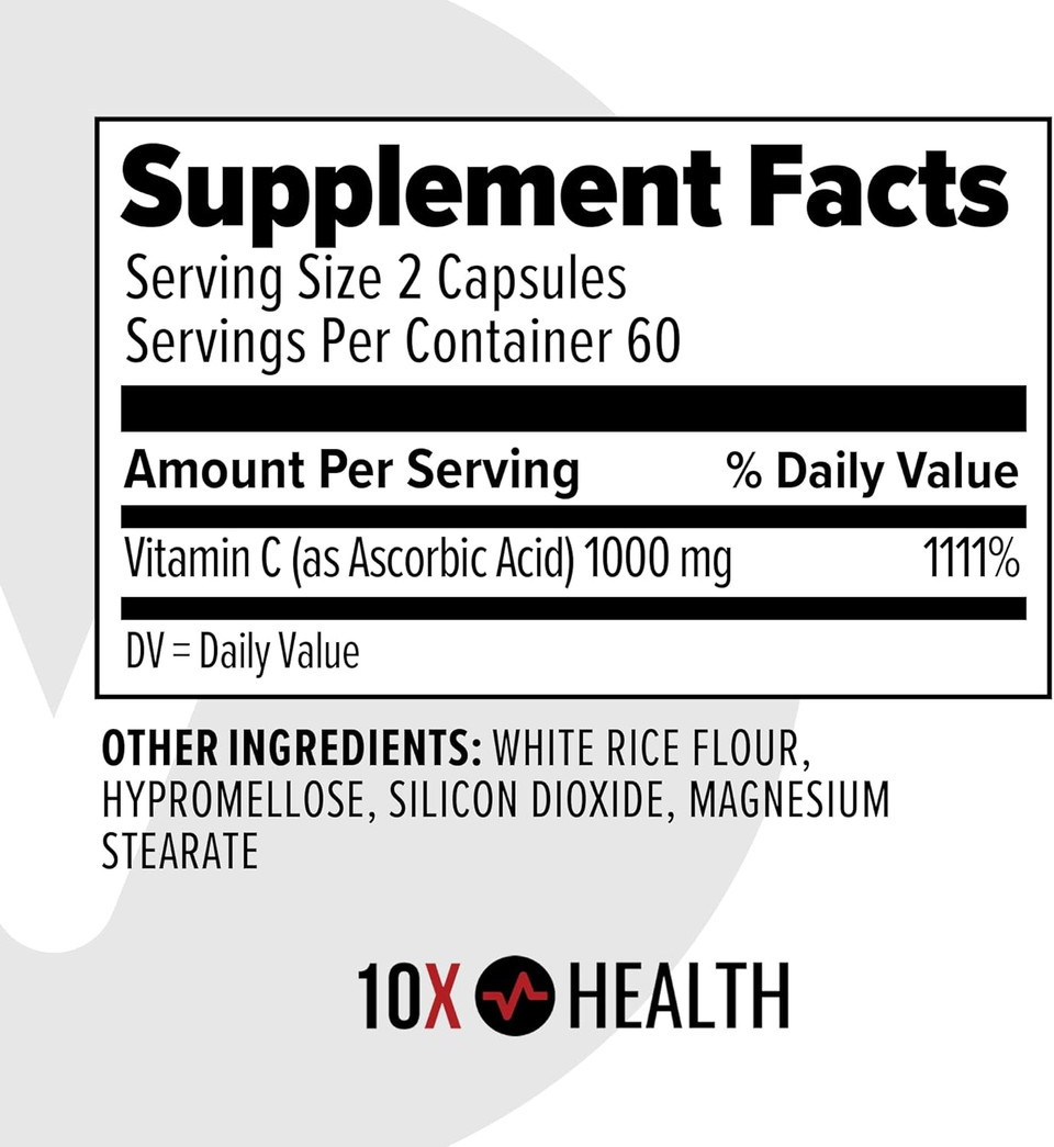 10X Health Vitamin C Supplement - Immune Support Supplement With Vitamin C 1000Mg Also Known As Ascorbic Acid - Great For Tissue Recovery & Overall Health & Wellness - 120 Capsules