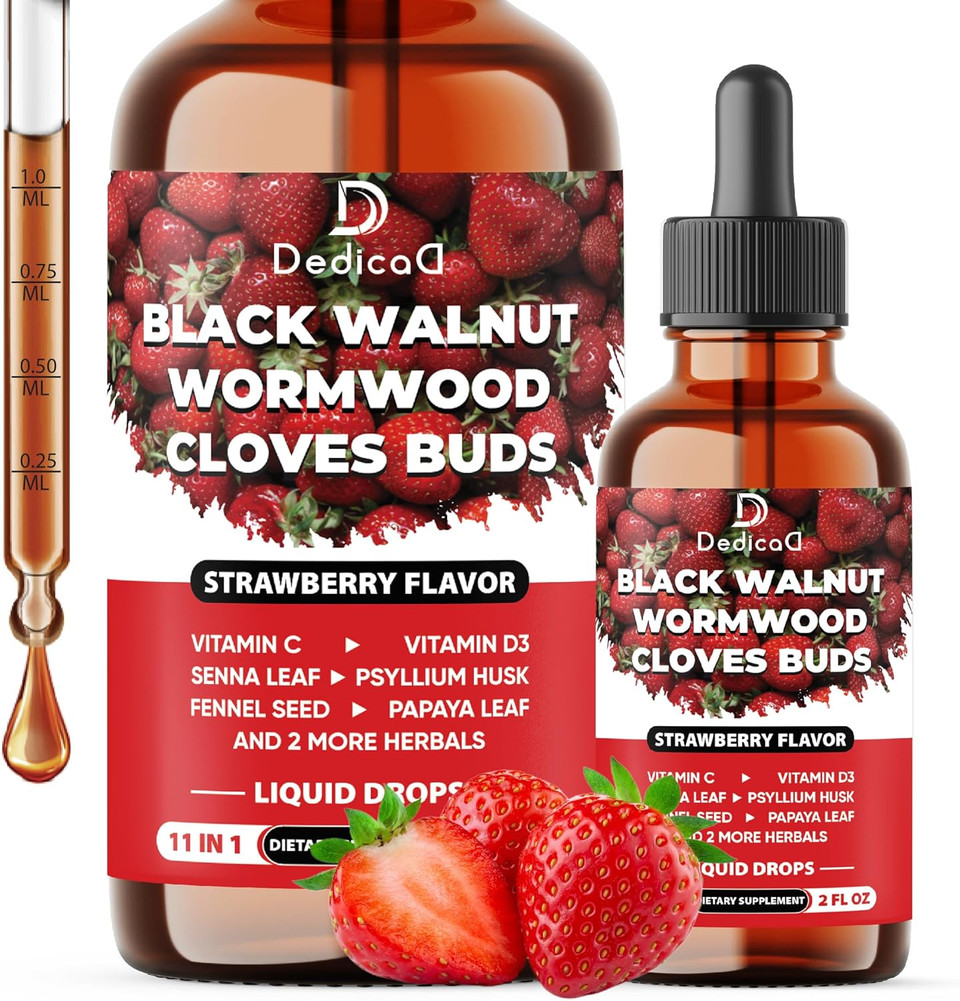 11In1 Black Walnut Wormwood Cloves Liquid Drops With Vitamin C, Vitamin D3 And 6 More - 2 Oz Fl - 60 Days - Strawberry Flavor