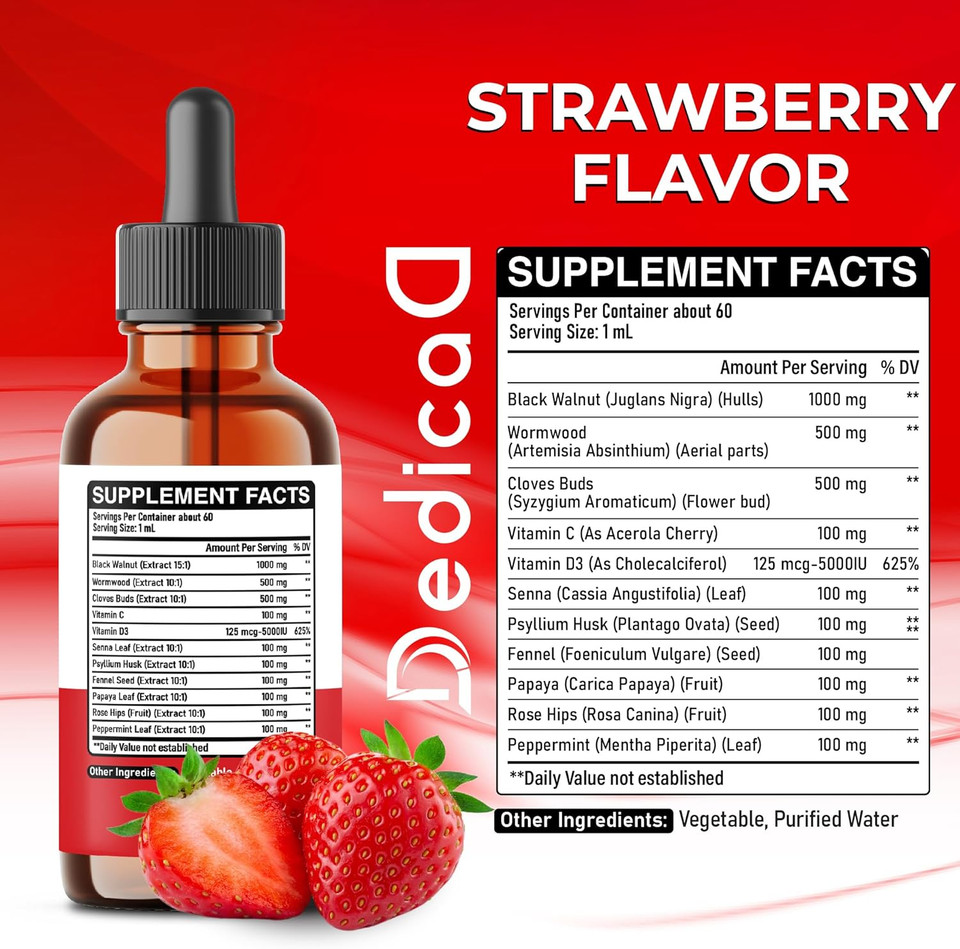 11In1 Black Walnut Wormwood Cloves Liquid Drops With Vitamin C, Vitamin D3 And 6 More - 2 Oz Fl - 60 Days - Strawberry Flavor