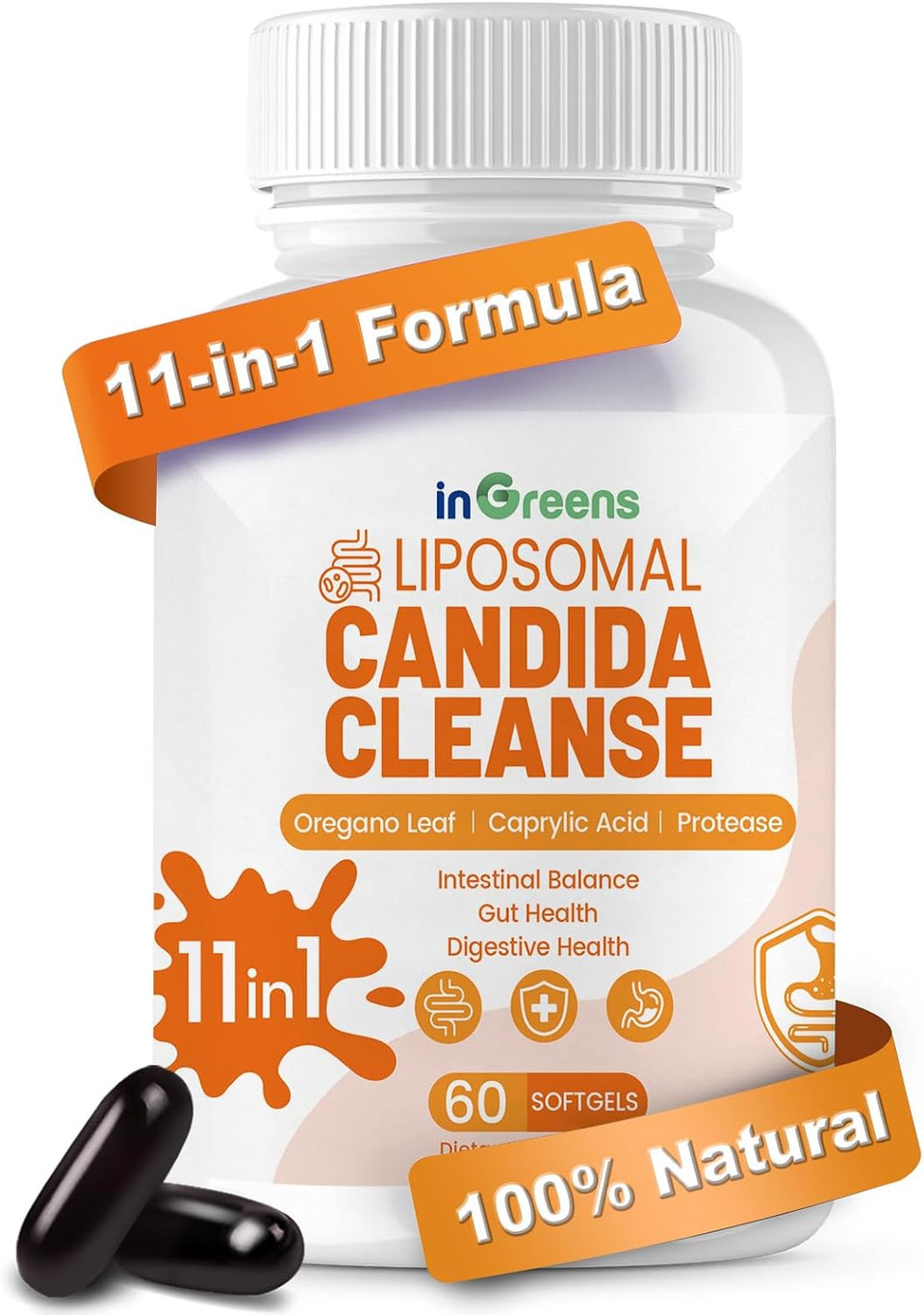 11-In-1 Candida Cleanse, Advanced Candida Cleanse Detox For Women & Men, Candida Support Supplement With Oregano, Caprylic Acid, Probiotics & Herbal Extracts, 60 Softgels