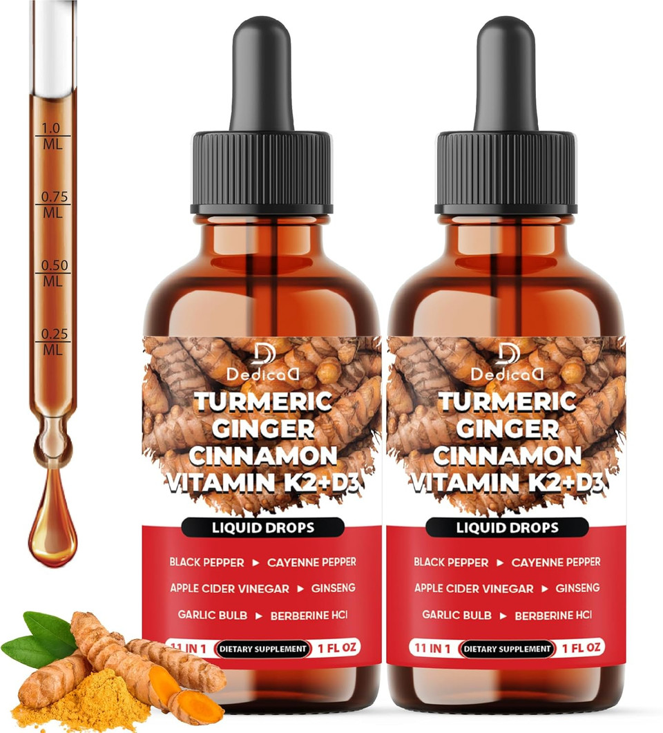 11In1 Turmeric Supplement For Immunity, Heart & Energy  With Vitamin D3, K2 Mk7, Ginger, Garlic, Ceylon Cinnamon, Berberine, Ginseng, Apple Cider Vinegar  30Ml Liquid Drops  60 Servings