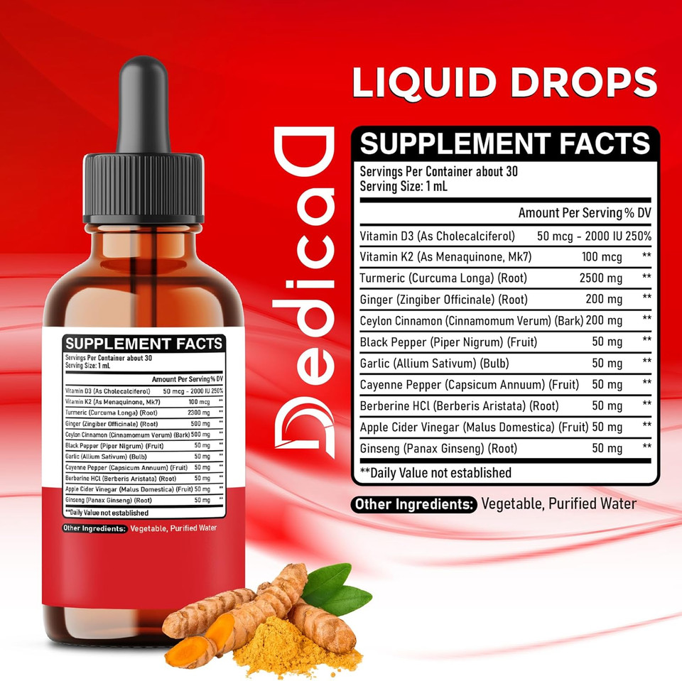 11In1 Turmeric Supplement For Immunity, Heart & Energy  With Vitamin D3, K2 Mk7, Ginger, Garlic, Ceylon Cinnamon, Berberine, Ginseng, Apple Cider Vinegar  30Ml Liquid Drops  60 Servings