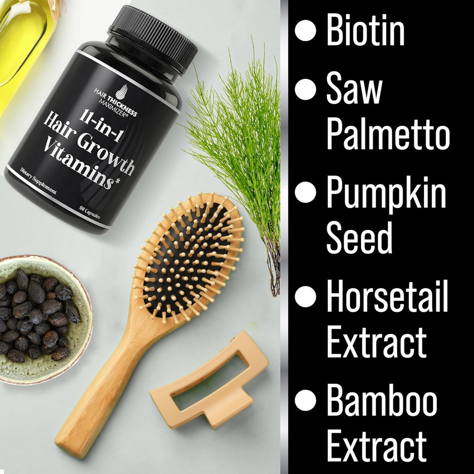 11-In-1 Vegan Hair Growth Vitamins For Thinning & Brittle Hair  Advanced Vitamin Complex With 5000Mcg Biotin, Pumpkin Seed, Zinc. Supports Thicker, Healthier-Looking Scalp For Women & Men
