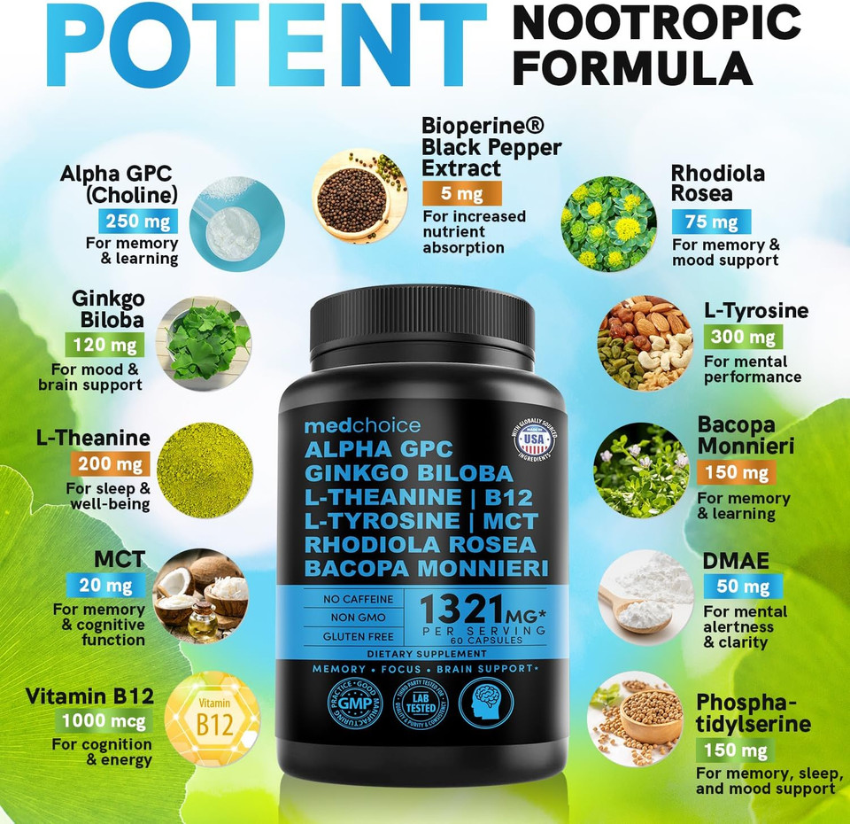 12-In-1 Nootropic Brain Supplement Anhydrous: Ginkgo Biloba For Brain Support, Memory And Focus - B12, Alpha Gpc, L Theanine And Choline Supplements With Bioperine Non Caffeinated 1321Mg (180Ct)