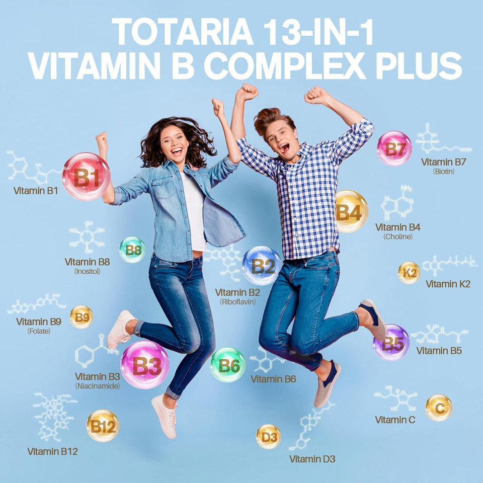 13-In-1 Vitamin B Complex Plus With Vitamin B1, B2, B3 (Niacin), B4, B5, B6, B7 (Biotin), B8 (Inositol), B9 (Folate), B12, C, D3, K2 For Energy, Nerve, Immune, Skin - 120 Caps Per Bottle - 2 Bottles