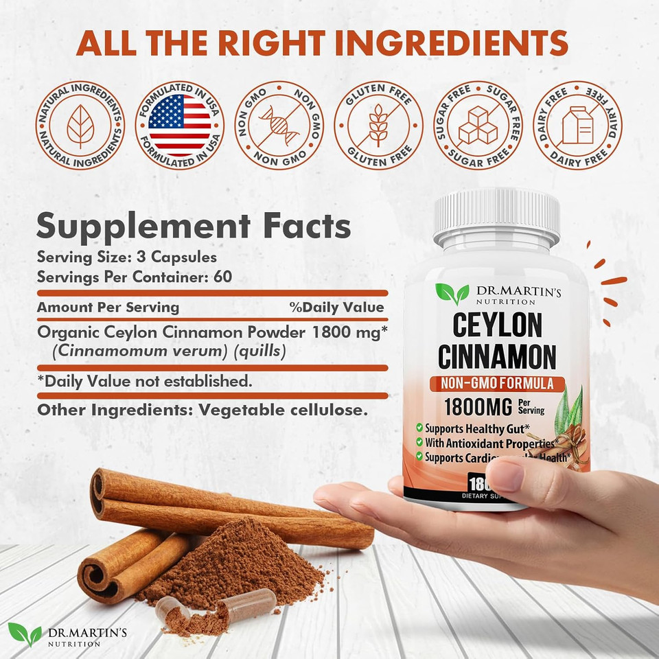 1800Mg Organic Ceylon Cinnamon Capsules | 180 Count | Supports Joints, Healthy Inflammatory Responses, Antioxidant & Cardiovascular Health | Non-Gmo & Gluten Free Supplement