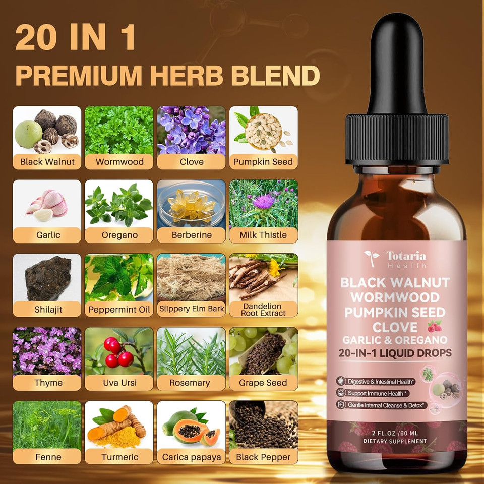 20 In 1 Black Walnut Wormwood Tincture - Clove,Pumpkin Seed,Garlic,Oregano,Berberine - Gentle Gut Cleanse & Digestive Health - Alcohol-Free,Gut-Friendly -Raspberry Flavor - 2Fl
