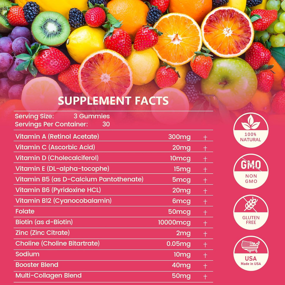 20-In-1 Hair Skin And Nails Gummies, Hair Biotin Vitamins For Women & Men With 10000 Mcg Biotin, Vitamins A, C, D, E For Hair Growth & Healthy Skin, White Peach Flavor, 90 Gummies