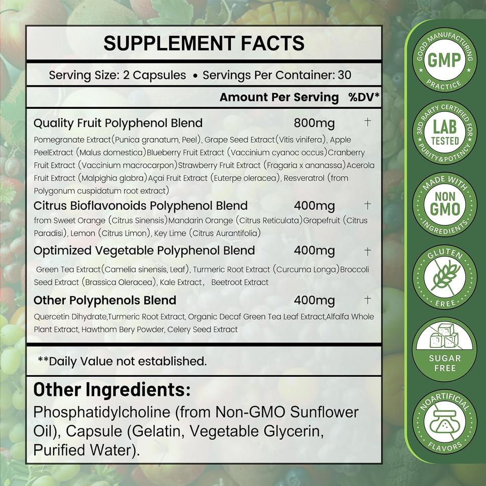 25-In-1 Polyphenols Supplement | 2000Mg Powerful Antioxidants For Age Defense | Enhance Vitality | From Polyphenol Superfood, Vegetables, Quercetin, Resveratrol - 60 Capsules
