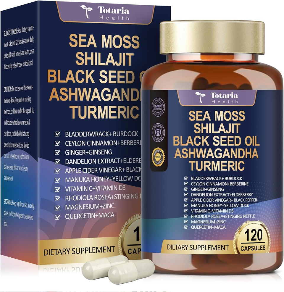 25-In-1 Sea Moss Black Seed Oil Ashwagandha Ginger Shilajit Supplement, Sea Moss Capsules With Bladder Burdock Ceylon Cinnamon Berberine Acv Manuka Vit C & D3, 120 Caps