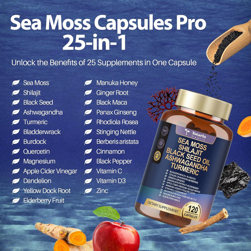 25-In-1 Sea Moss Black Seed Oil Ashwagandha Ginger Shilajit Supplement, Sea Moss Capsules With Bladder Burdock Ceylon Cinnamon Berberine Acv Manuka Vit C & D3, 120 Caps