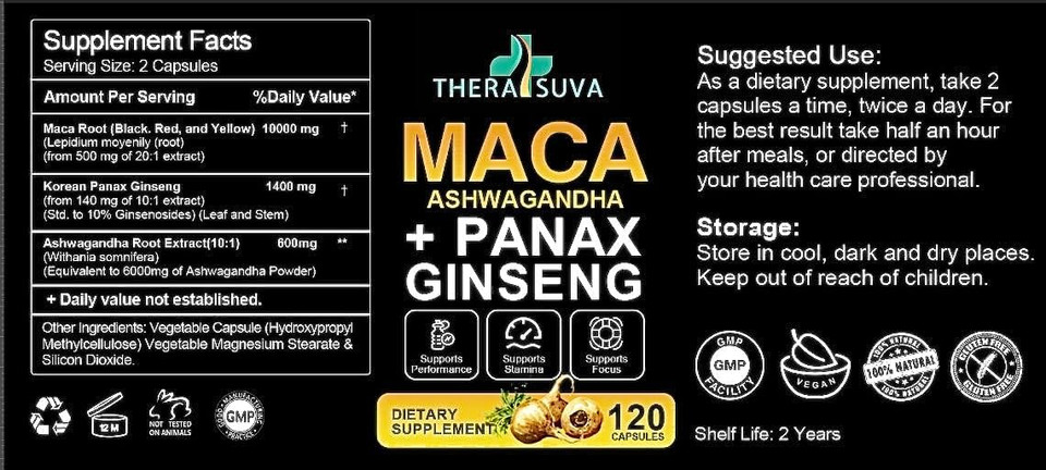 3 In 1 Ashwagandha + Maca Root + Panax Ginseng - Natural Supplement For Energy, Stamina, And Stress Support, 120 Softgels