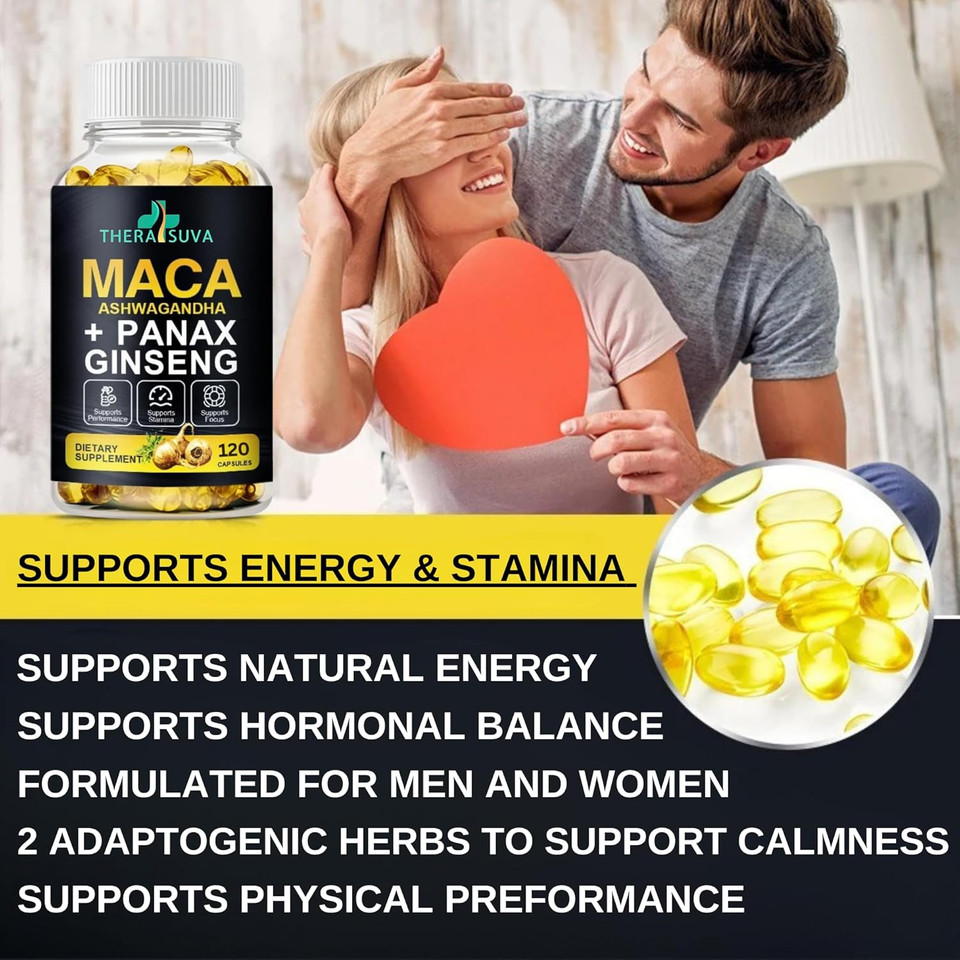 3 In 1 Ashwagandha + Maca Root + Panax Ginseng - Natural Supplement For Energy, Stamina, And Stress Support, 120 Softgels