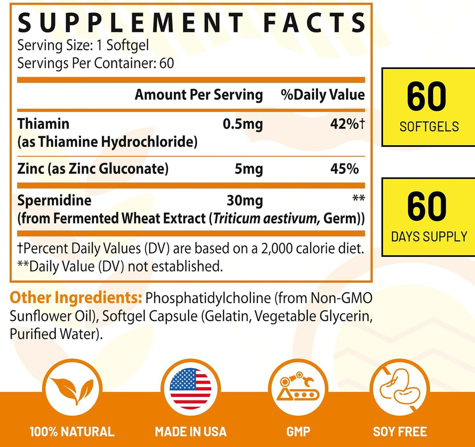 30Mg Spermidine Supplement, Liposomal Spermidine, High Absorption, More Potent Than Spermidine 3Hcl, Fermented Wheat Germ Extract, Spermidine For Women & Men, Cellular Renewal, Longevity, 60 Softgels