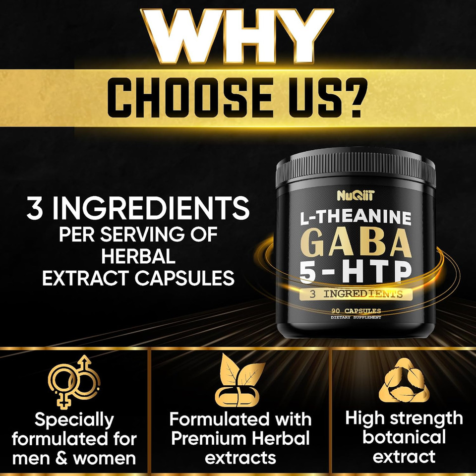 3In1 Gaba Supplements 750Mg L-Theanine 200Mg & 5-Htp (5-Hydroxytryptophan) - Equivalent To 1000Mg - Support Brain Health, Concentration, Comfortable Mood - 90 Capsules