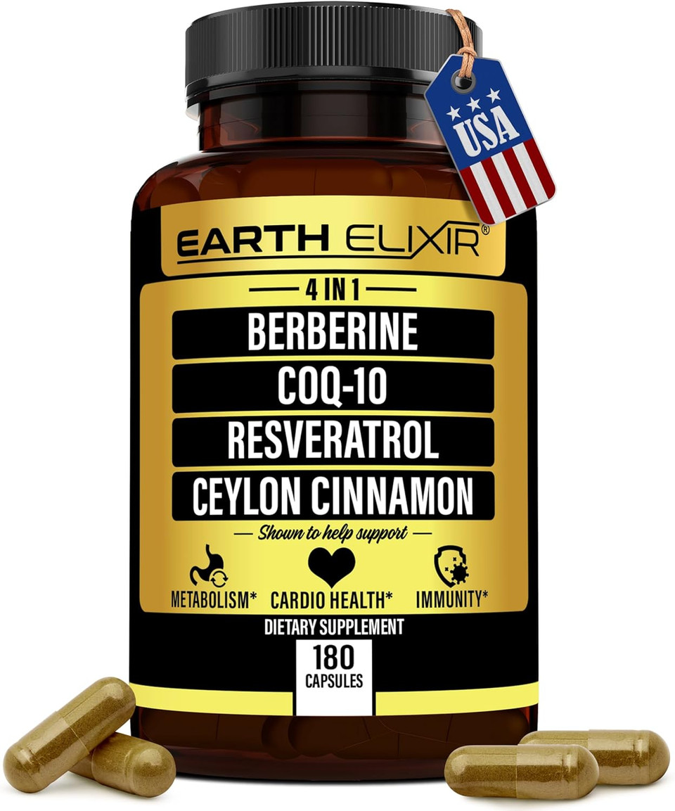 4-In-1 Berberine Supplement 1160Mg (180 Caps) W/ 180Mg Coq10, 380Mg Resveratrol & 120Mg Of Ceylon Cinnamon 3Rd Party Tested Berberine W/Ceylon Cinnamon Supplements Max Purity Co Q 10