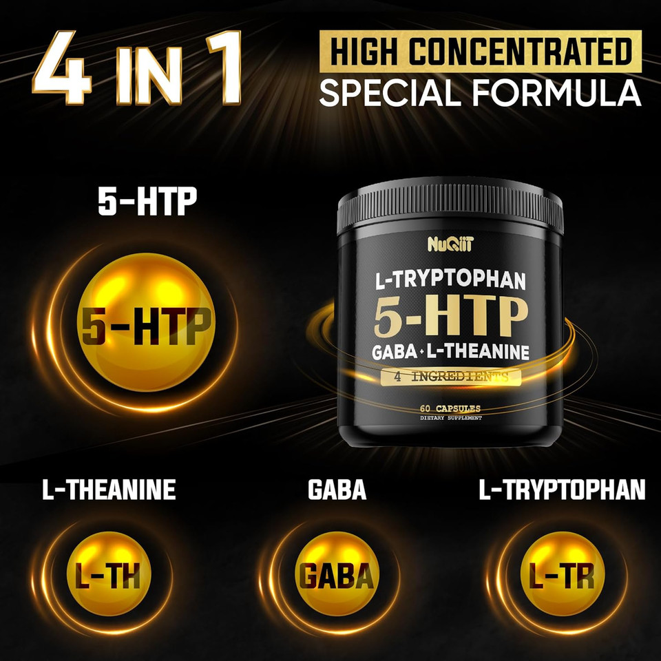 5 Htp 200Mg Gaba 500Mg L-Theanine 200Mg L-Tryptophan 100Mg Supplement - Support Brain, Circulation Health, Concentration & Rest Well - 60 Capsules For 1 Month - 4In1 Premium Blend