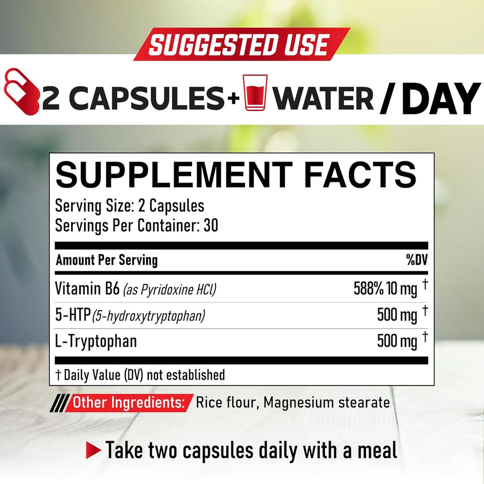 5 Htp Supplement 1010Mg - 60 Capsules - 3In1 Combined With Vitamin B6, L-Tryptophan - Comfortable Mood, Brain Health, Body Management & Immune System Support