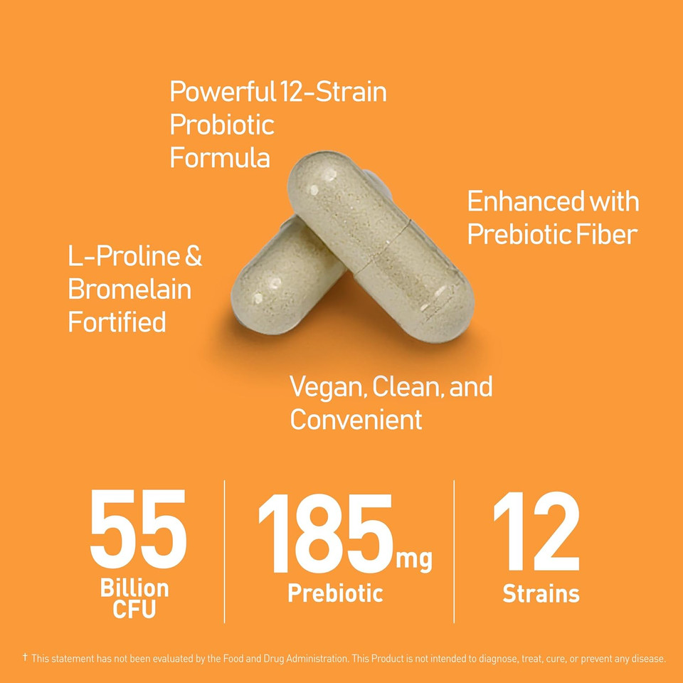 55B Probiotics With Digestive Enzymes For Immune Support & Gut Health - 55 Billion Cfu, 12 Strain, 185 Mg Prebiotic - Relieves Gas & Bloating - 30 Vegan Capsules, 30 Day Supply