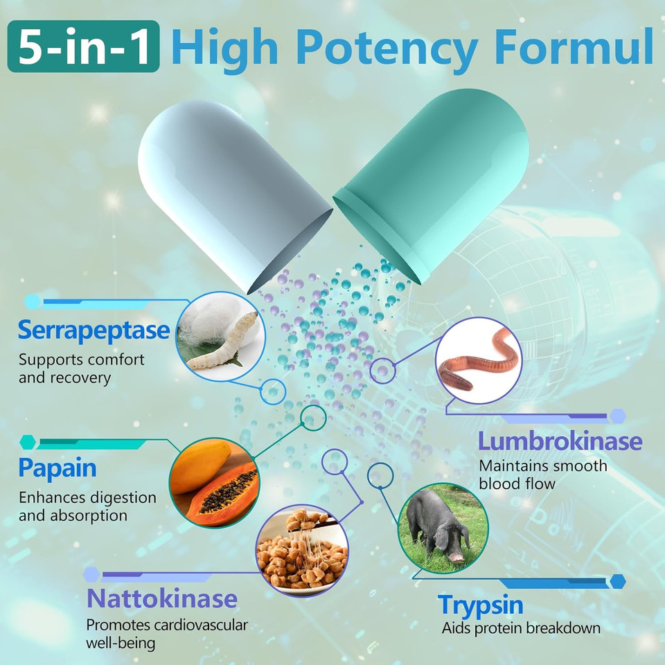 5-In-1 Serrapeptase Supplement 200,000 Spu, High Potency Formula, Supports Sinus Health, Non-Gmo, Gluten Free, Made In The Usa, 60 Capsules