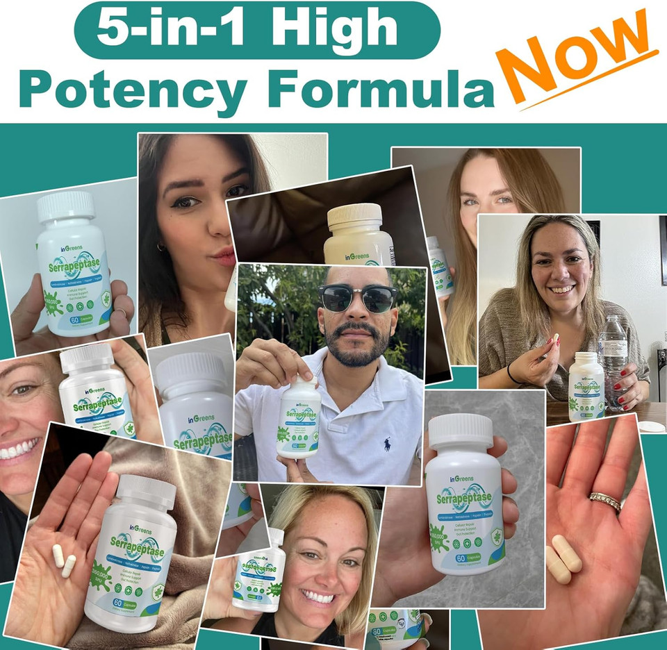 5-In-1 Serrapeptase Supplement 200,000 Spu, High Potency Formula, Supports Sinus Health, Non-Gmo, Gluten Free, Made In The Usa, 60 Capsules