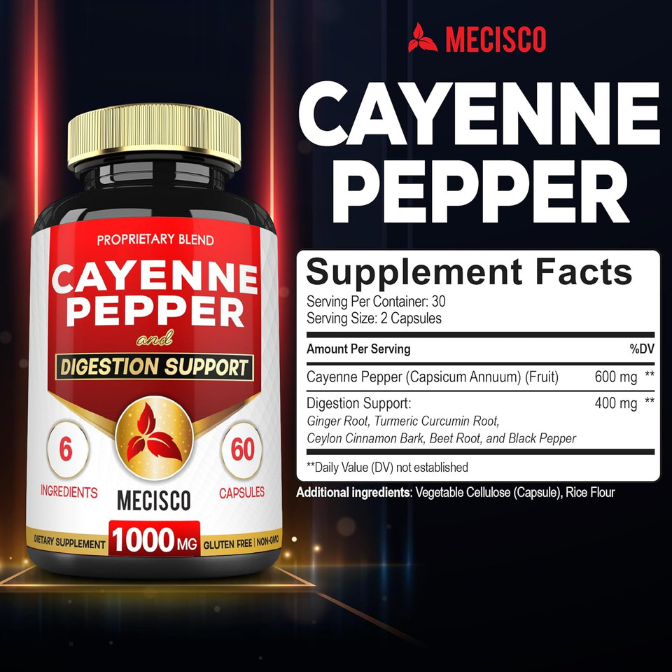 6In1 Cayenne Pepper Capsules With Ginger Root, Beet Root, And Black Pepper And More - 60 Capsules - Cayenne Supplement Supports Digestion System, Immunity
