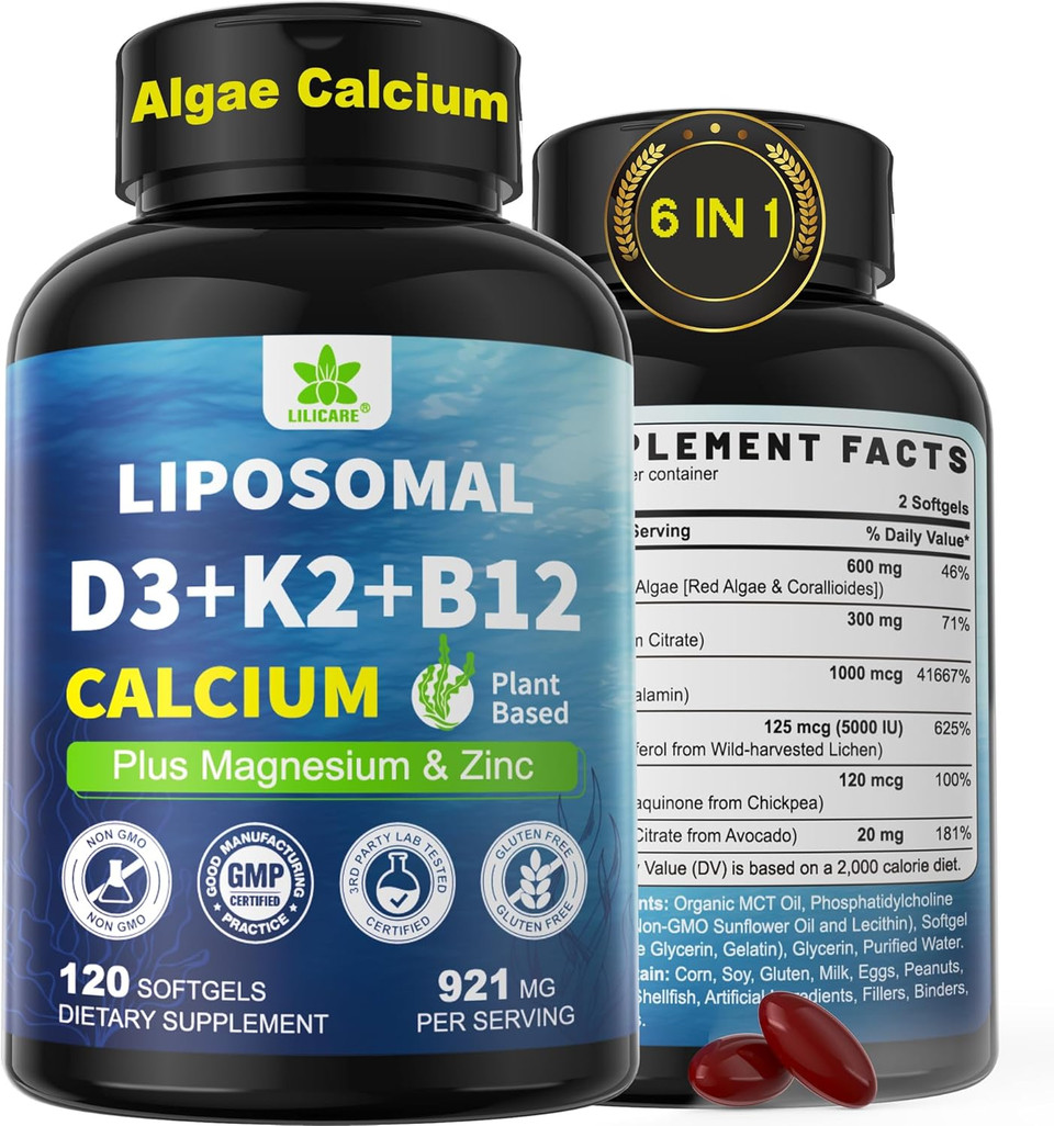 6-In-1 Liposomal Vitamin D3 K2 Calcium Supplement - Plant Based Calcium 600Mg With Vegan Vitamin D3 5000 Iu + Vitamin K K2 Mk7 + B12, Algae Ca-Lcium Magnesium Zinc For Bone, Softgels, 2 Pack