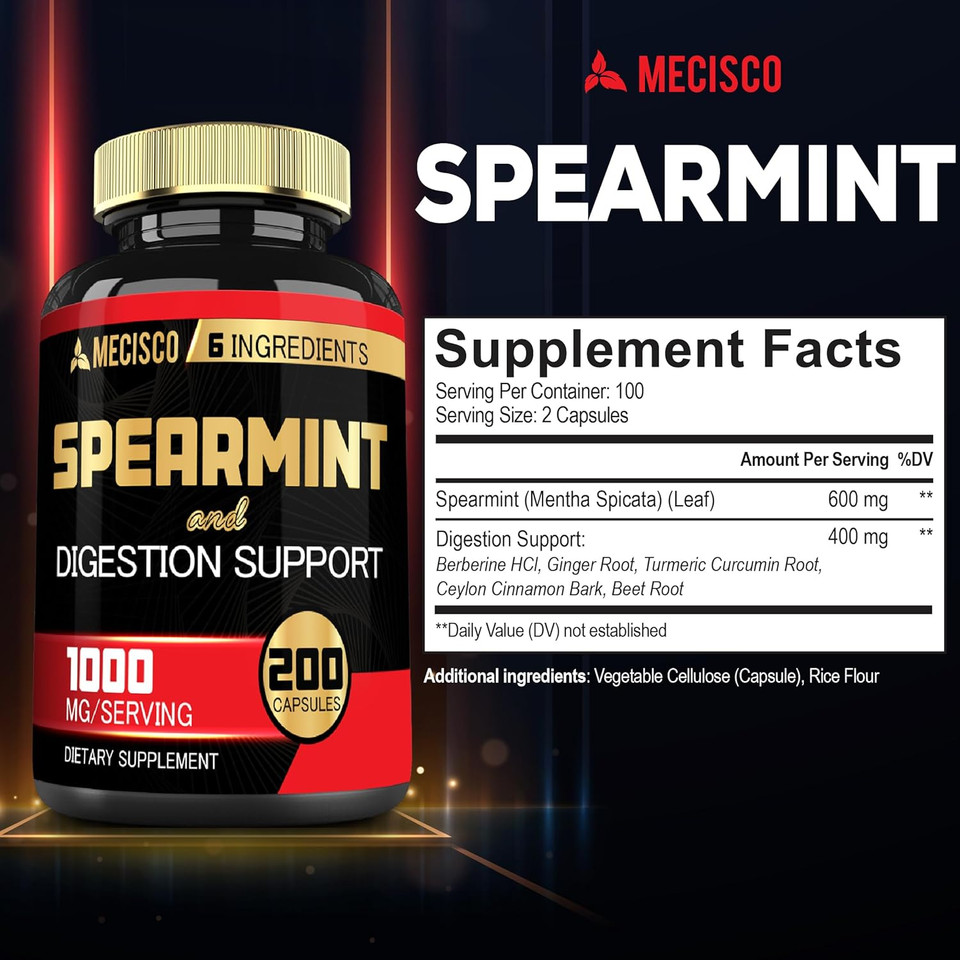 6In1 Spearmint Supplement With Berberine, Ginger, Turmeric Curcumin, Ceylon Cinnamon, Beet Root - 200 Capsules