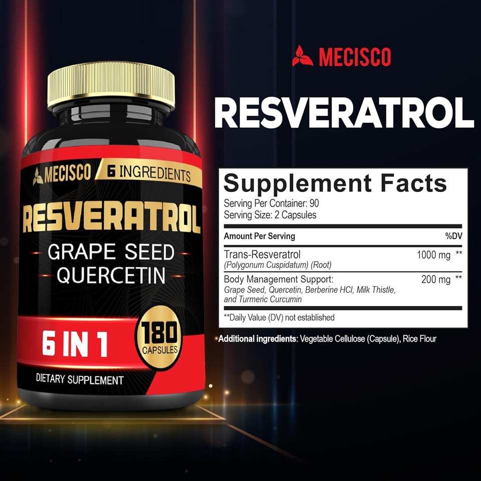 6In1 Trans Resveratrol Supplement With Grape Seed, Milk Thistle, And More - Resveratrol 1000Mg - Supports For Immune System, Heart Health, Body Management - 180 Capsules