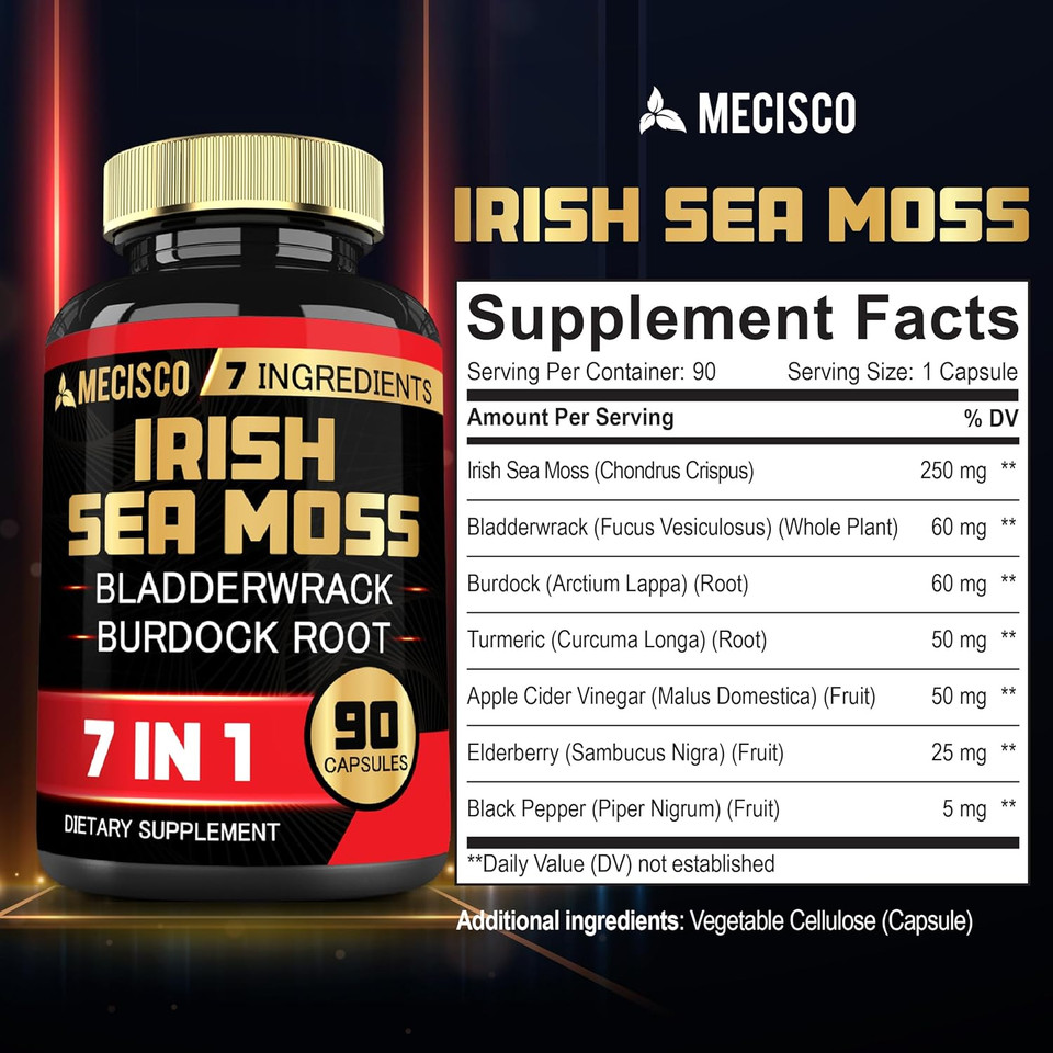 7In1 Irish Sea Moss Capsules 6750 Mg With Organic Bladderwrack & Burdock Root, Turmeric, Apple Cider Vinegar - Raw Seamos Pills For Hair, Skin, Thyroid Healths - 90 Caps For 3-Month Supply