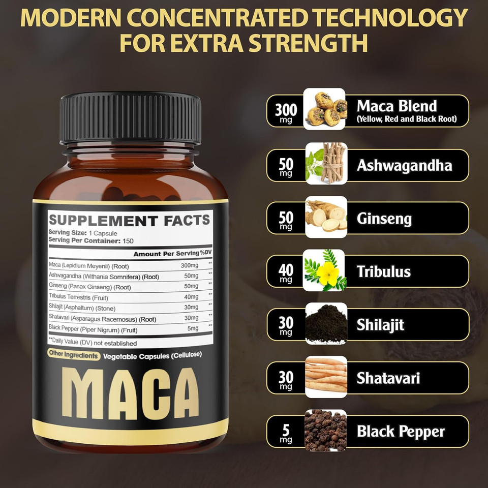 7In1 Premium Maca Root Capsules - With Ashwagandha, Ginseng, Tribulus, Shilajit, Shatavari & Black Pepper - Natural Energy, Performance & Mood Support - 150 Counts For 5 Months