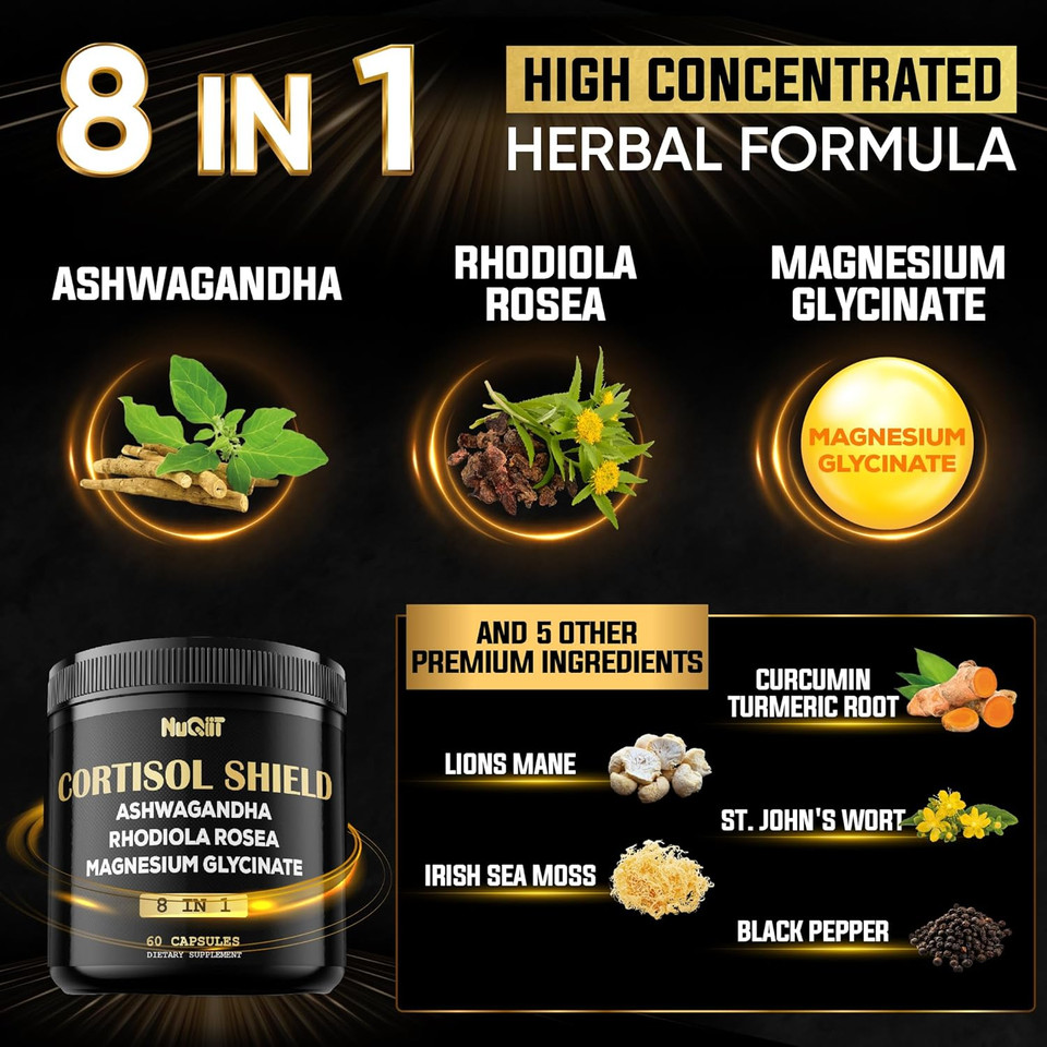8In1 Cortisol Shield - Ashwagandha And Magnesium, Rhodiola Rosea, Lions Mane, Sea Moss, Turmeric, St Jonh'S Wort - Mind& Mood Balance, Rest Well, Support Immume - 60 Capsules