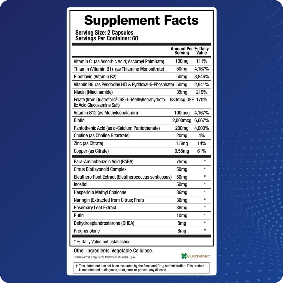 Adrenal Fatigue Supplement, Cortisol Manager, 5-Mthf, B Vitamins, Vitamin C, Adaptogens, Bioflavonoids, Dhea, Inositol, 30-60 Day Supply | 120 Veggie Caps