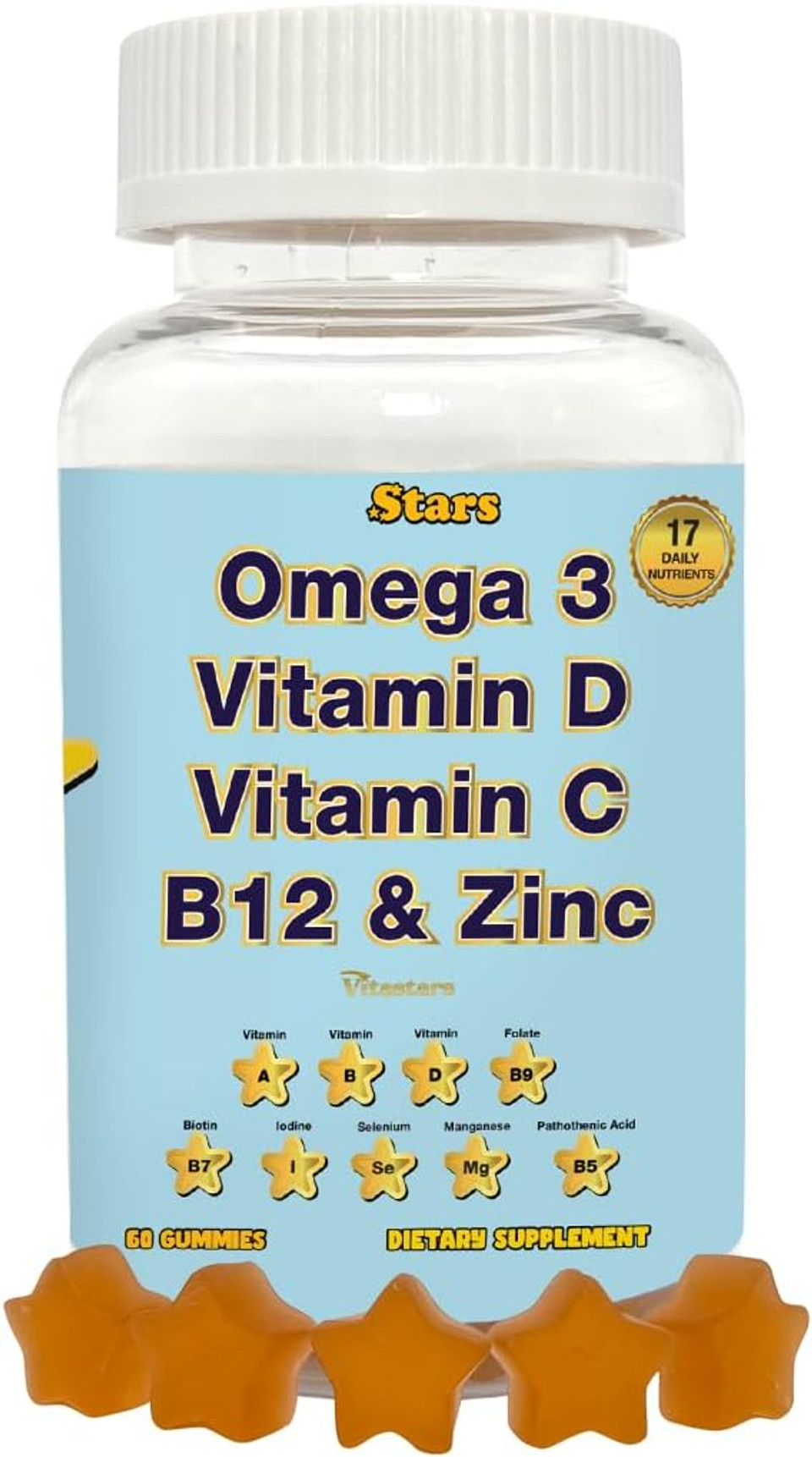Adult Multivitamin Gummy With Omega 3, Gluten Free Gummy With Selenium, Vitamin A, B, C, D, Biotin, For Men & Women, 60 Plant Based Gummies