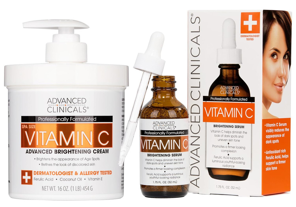 Advanced Clinicals Vitamin C Cream + Vitamin C Serum 2Pc Skincare Set | Brightening Body Lotion & Facial Serum For Women & Men Helps Diminish Appearance Of Dark Spots, Wrinkles, & Uneven Skin Tone