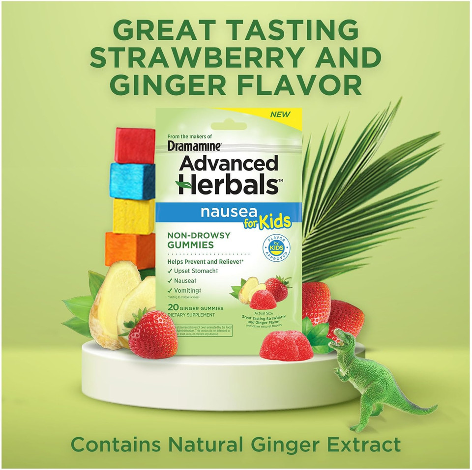 Advanced Herbals Kids Gummies, From The Makers Of Dramamine, Nausea Relief And Motion Sickness Relief For Kids, Strawberry And Ginger Flavor, 20 Ct