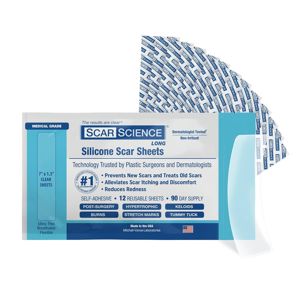 Advanced Scar Treatment - Medical Grade Silicone Scar Sheets, Long Water-Resistant Silicone Scar Tape Strips For Surgical Scars, Stretch Marks, Keloids - 7 Inch, 12