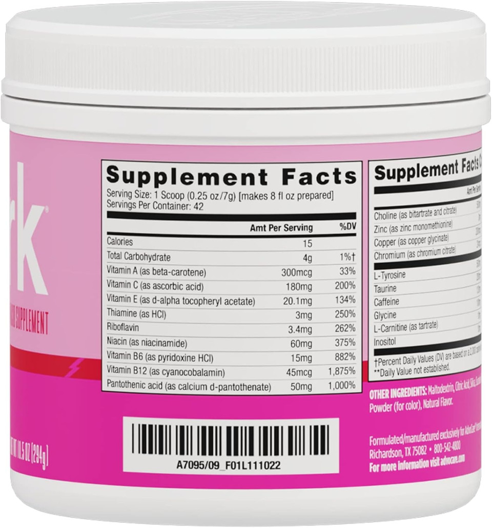 Advocare Spark Vitamin & Amino Acid Supplement - Focus & Energy Drink Powder Mix With Vitamin A, B-6, C & E - Also Includes L-Carnitine & L-Tyrosine - Blue Raspberry - 10.5 Oz