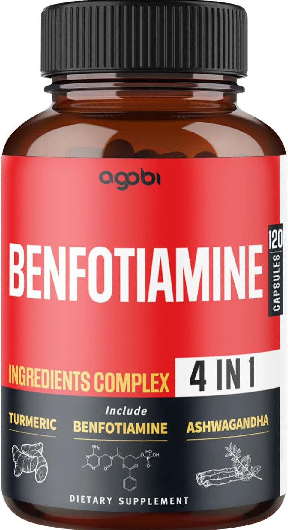 Agobi 4In1 Benfotiamine Supplement - 2 Months For Digestion, Energy Production & Immune - Plus Turmeric Curcumin Root, Ashwagandha Root & Organic Gymnema Sylvestre - 120 Capsules