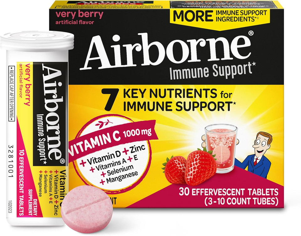 Airborne 1000Mg Vitamin C With Vitamin D & Zinc, Sugar Free Multivitamin Immune Support Supplement, Antioxidants Vitamins A C & Vitamin E, 30 Effervescent Tablets, Very Berry Flavor