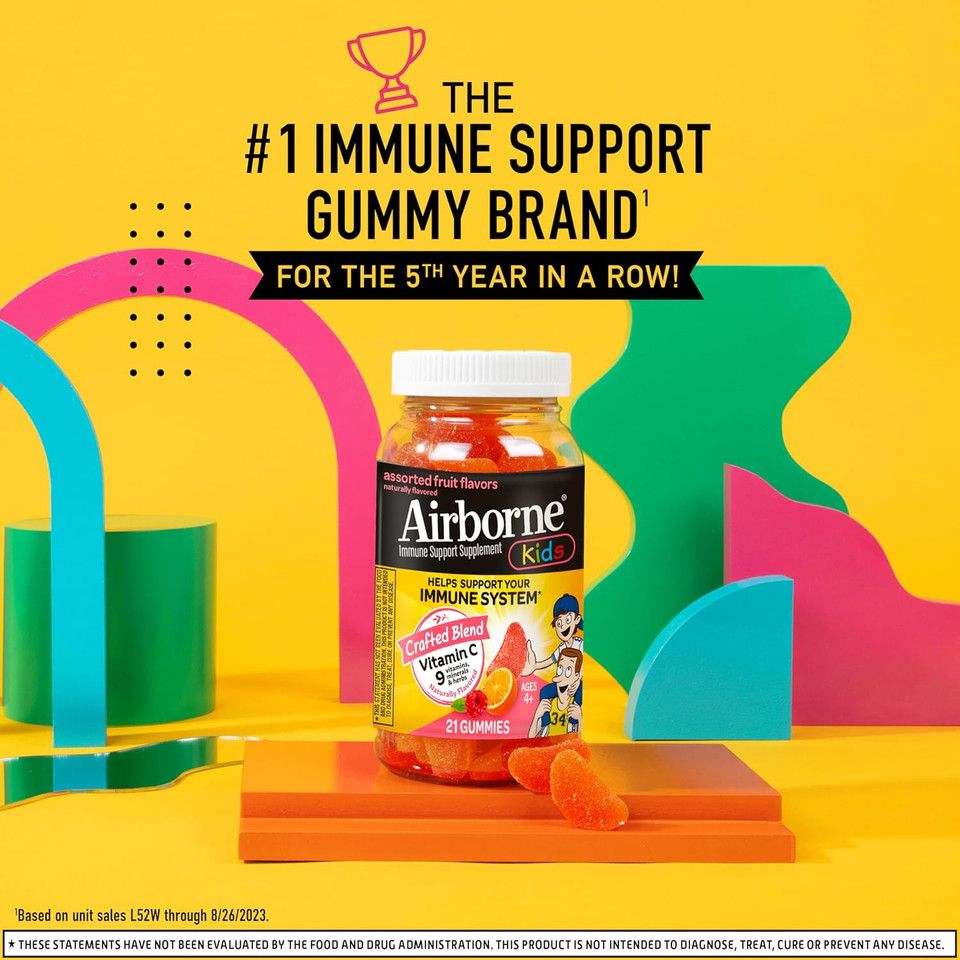 Airborne Vitamin C 500Mg (Per Serving) Kids Assorted Fruit Flavored Gummies (21 Count In A Bottle), Gluten-Free Immune Support Supplement With Vitamins A C E, Selenium, Echinacea & Ginger