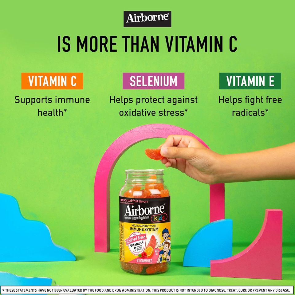 Airborne Vitamin C 500Mg (Per Serving) Kids Assorted Fruit Flavored Gummies (21 Count In A Bottle), Gluten-Free Immune Support Supplement With Vitamins A C E, Selenium, Echinacea & Ginger