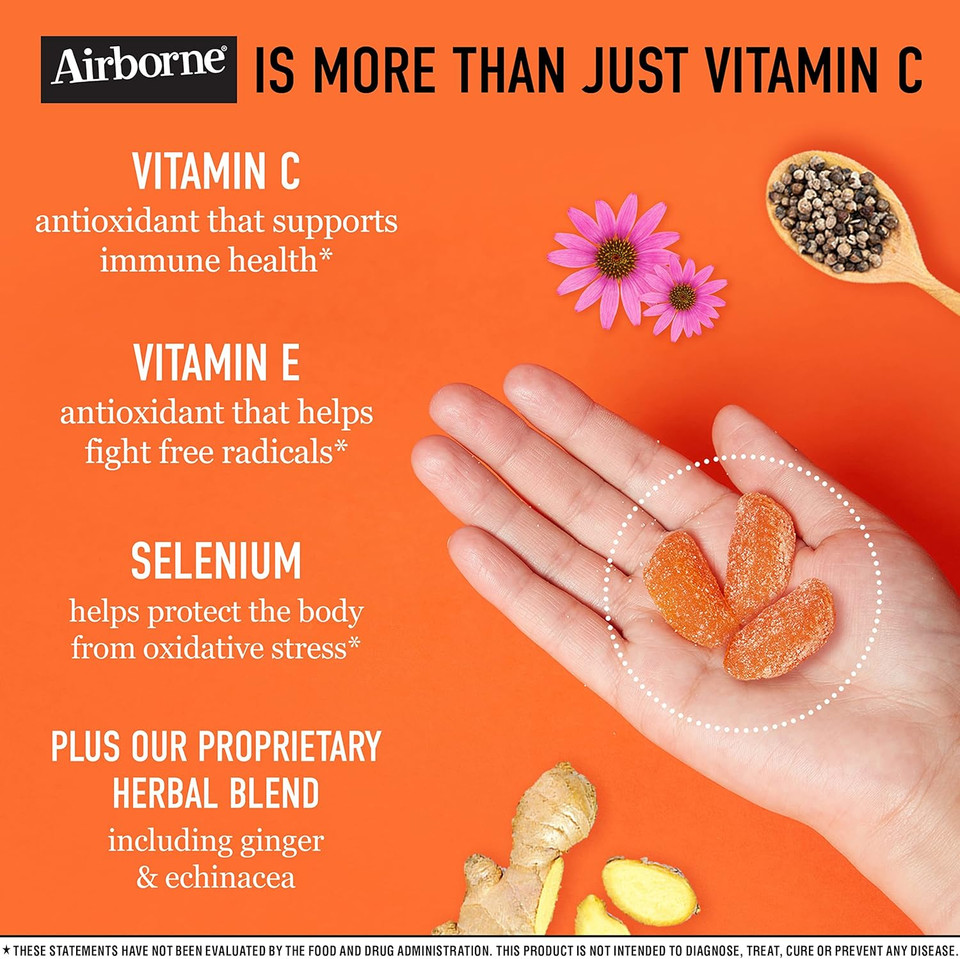 Airborne Vitamin C 750Mg (Per Serving) Zesty Orange Flavored Gummies (42 Count In A Bottle), Gluten-Free Immune Support Supplement With Vitamins A C E, Selenium, Echinacea, Ginger, Antioxidant