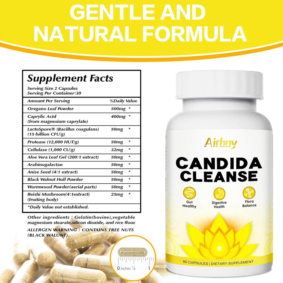 Airboy Candida Cleanse,Gut Colon Cleanse Detox For Women & Men,Candi Support With Oregano Leaf, Caprylic Acid,Wormwood, Black Walnut-60 Counts