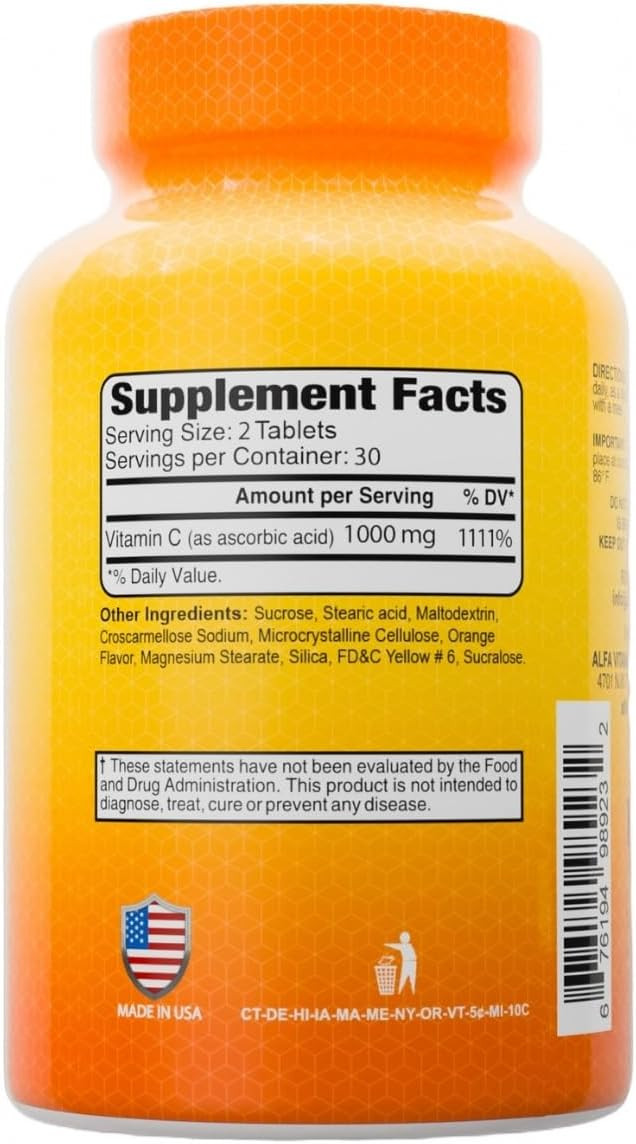 Alfa Vitamins Vitamin C Chewables Contains 1000Mg - Easy To Chew Tablets - Super Antioxidant - Immune Booster - 60 Tablets