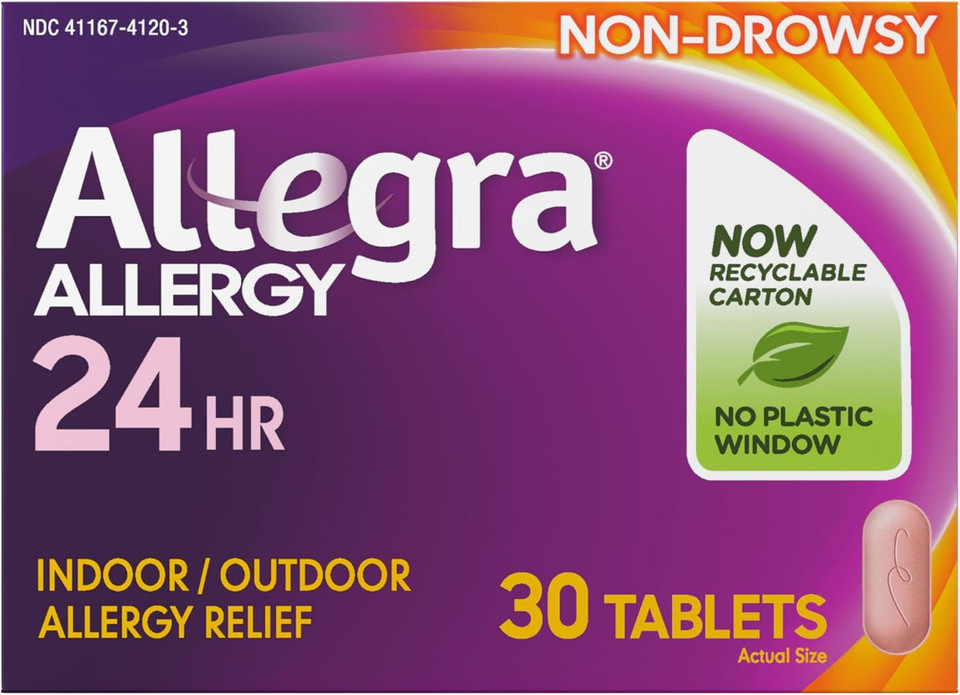 Allegra Adult 24-Hour Allergy Relief Tablets, Non-Drowsy Indoor And Outdoor Allergy Medicine, 180 Mg Fexofenadine Hci Antihistamine Pill, 30-Count